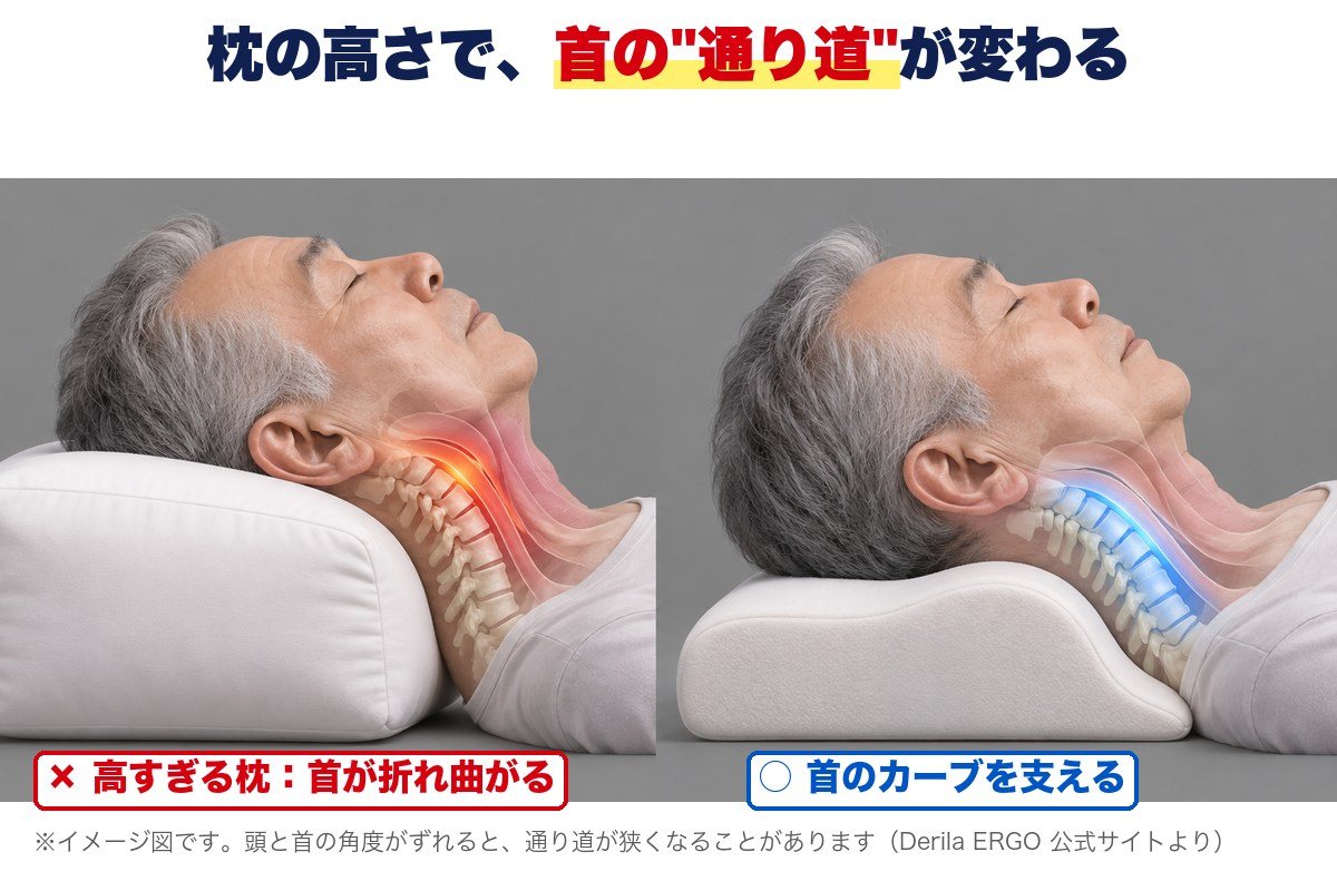高すぎる枕で首が折れ曲がる姿勢と首のカーブを支える姿勢の比較