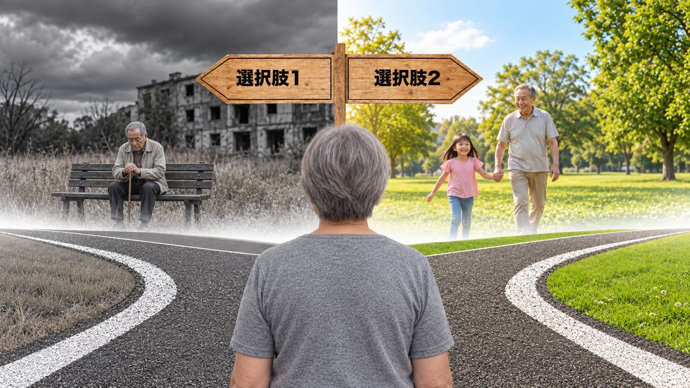分かれ道に立つ男性:一方は灰色でひとりきり、もう一方は色があり、孫と歩いている